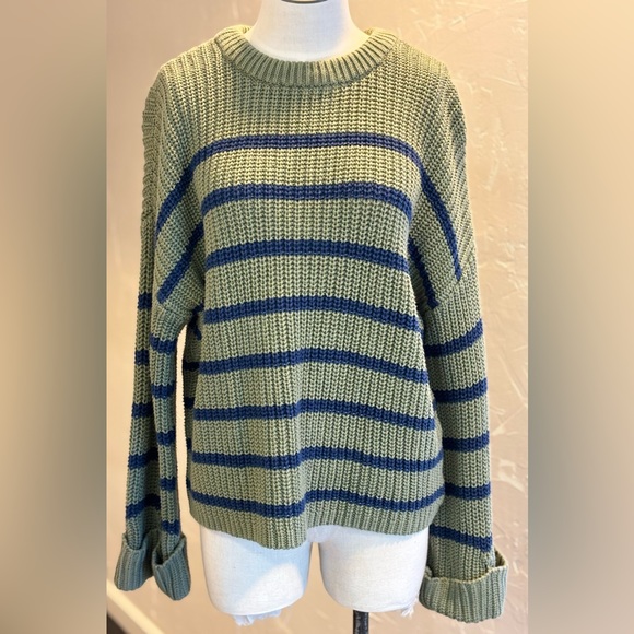 525 America Green/Blue Striped Cotton Sweater - Picture 1 of 1